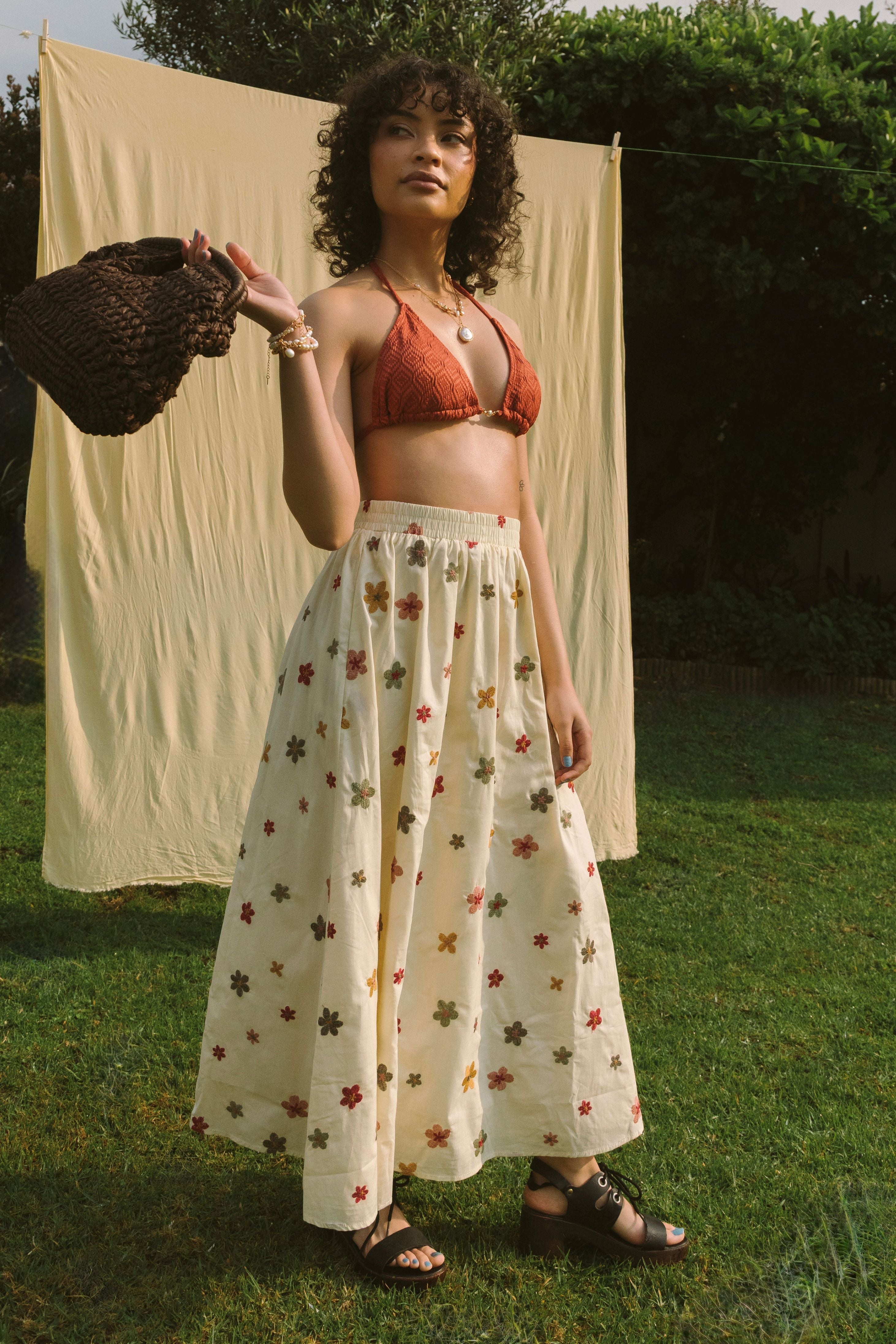 EMBROIDERED BLOOMS MIDI SKIRT
