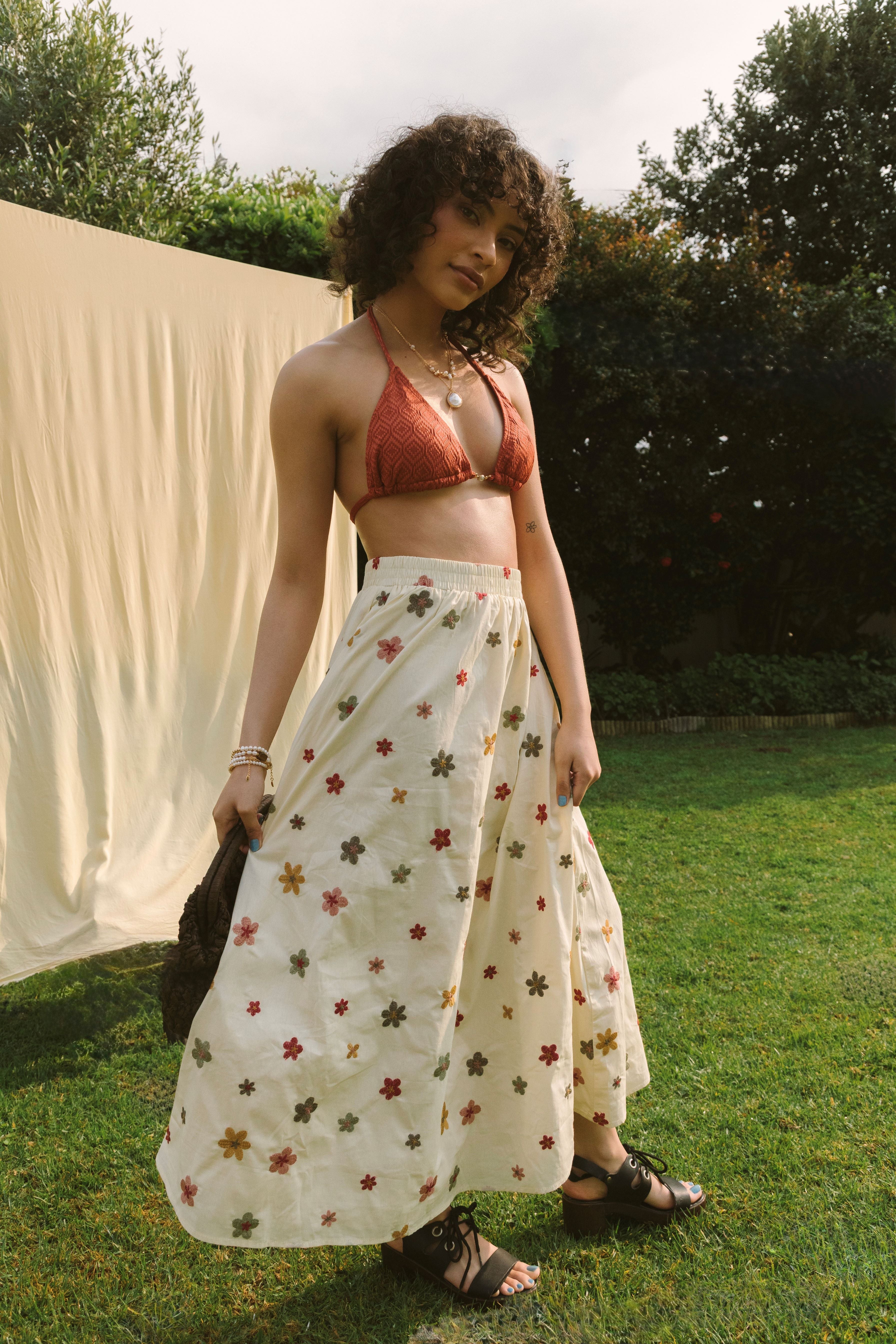 EMBROIDERED BLOOMS MIDI SKIRT