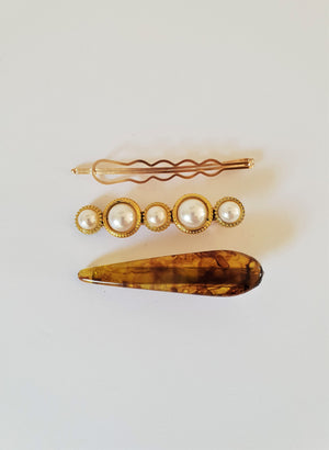GOLD, PEARL AND RESIN HAIR CLIP SET - TORTOISE SHELL