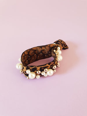 LEOPARD PRINT HAIR TIE WITH PEARL EMBELLISHMENT