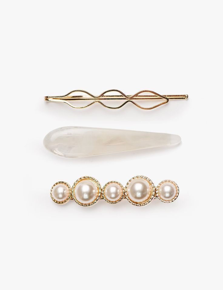 GOLD, PEARL AND RESIN HAIR CLIP SET - WHITE