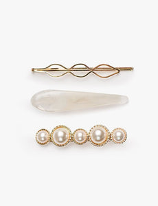 GOLD, PEARL AND RESIN HAIR CLIP SET - WHITE