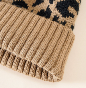 LEOPARD BEANIE WITH FLUFFY POMPOM - TAN