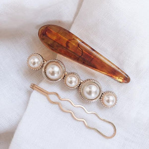 GOLD, PEARL AND RESIN HAIR CLIP SET - TORTOISE SHELL
